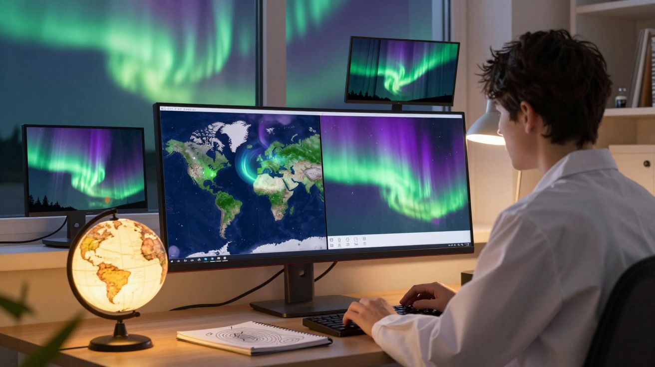 Pessoa sentada a trabalhar com vários ecrãs que mostram imagens da aurora boreal e um globo terrestre iluminado na secretária