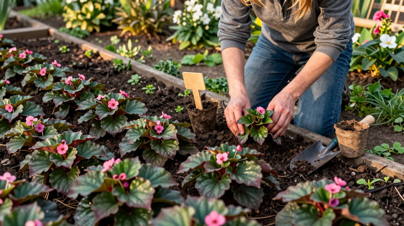 Pessoa a plantar pequenas flores cor-de-rosa num canteiro de jardim bem cuidado.