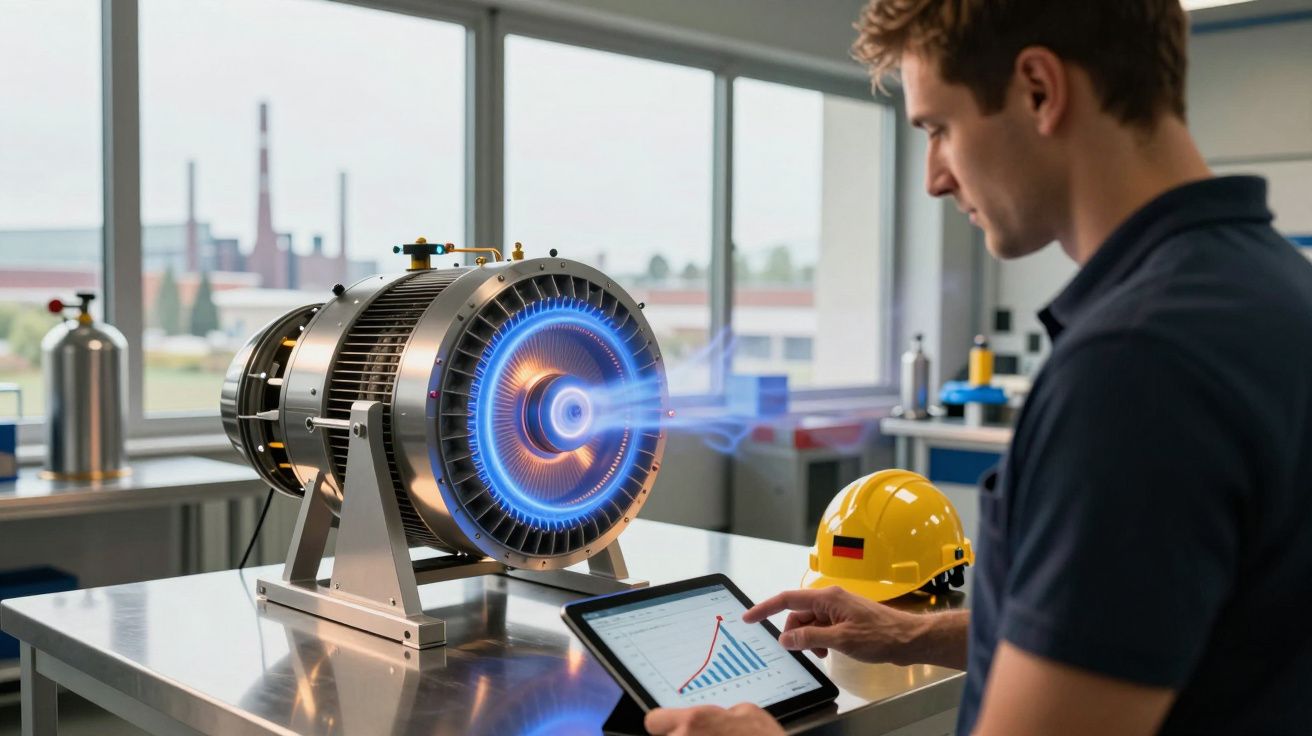 Engenheiro a analisar dados num tablet enquanto observa protótipo de motor elétrico numa bancada de laboratório.