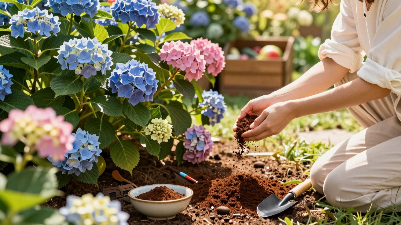 Pessoa a cultivar terra junto a flores de hortênsia em jardim ensolarado.