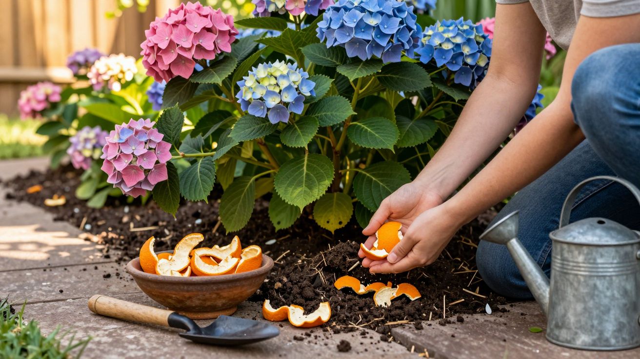 Pessoa a colocar cascas de laranja no solo junto a hortênsias coloridas, com regadeira e pá de jardim ao lado.