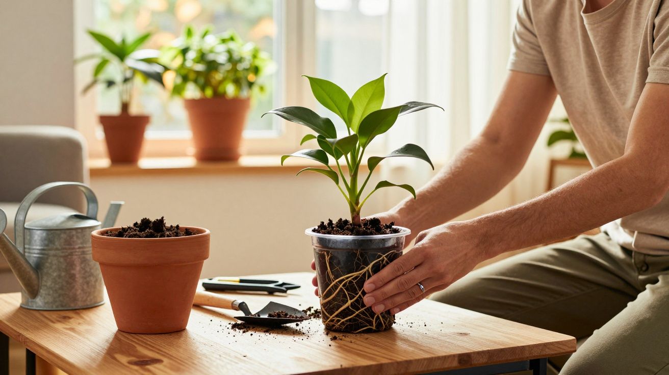 Pessoa transplantando planta jovem num vaso transparente sobre mesa de madeira, com regador e ferramentas de jardim.