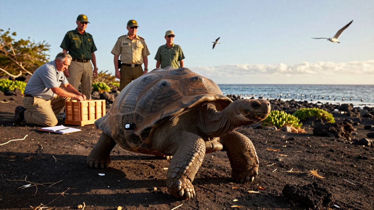 Tartaruga gigante com sensor colar marcada em praia rochosa com quatro homens e mar ao fundo.