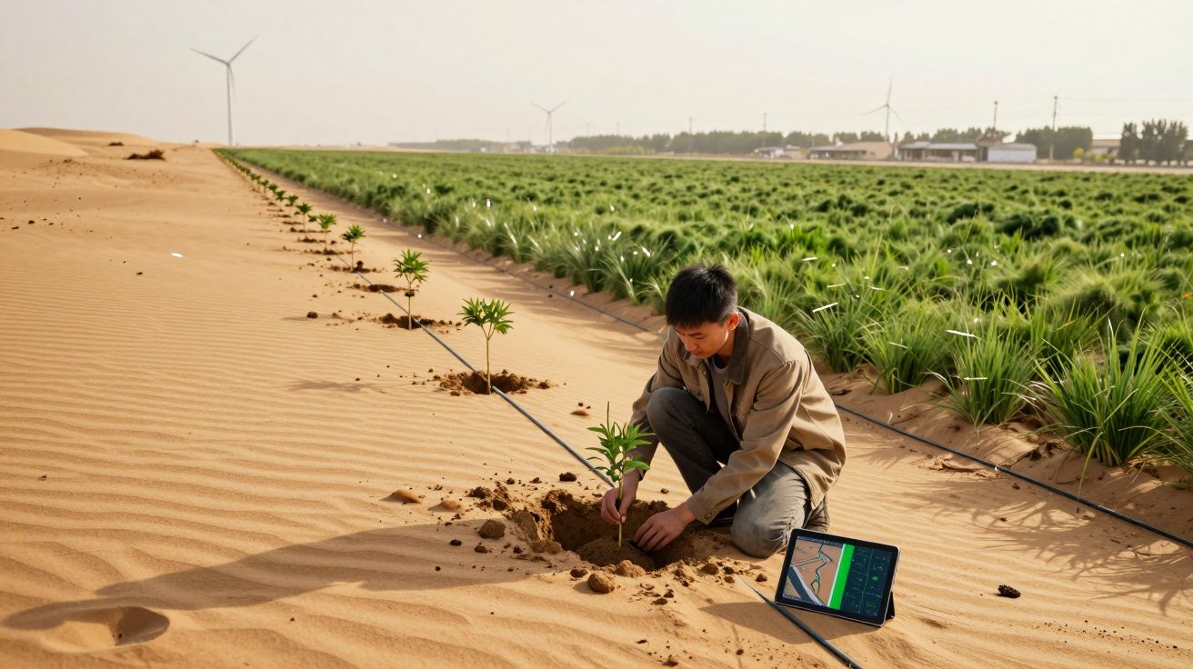 Homem planta árvore jovem no deserto perto de plantações verdes, com turbinas eólicas ao fundo e tablet no chão.