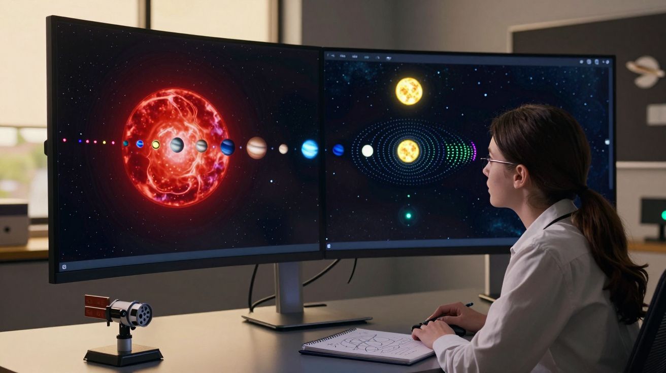 Pessoa a analisar modelos do sistema solar em dois ecrãs num ambiente de escritório científico.