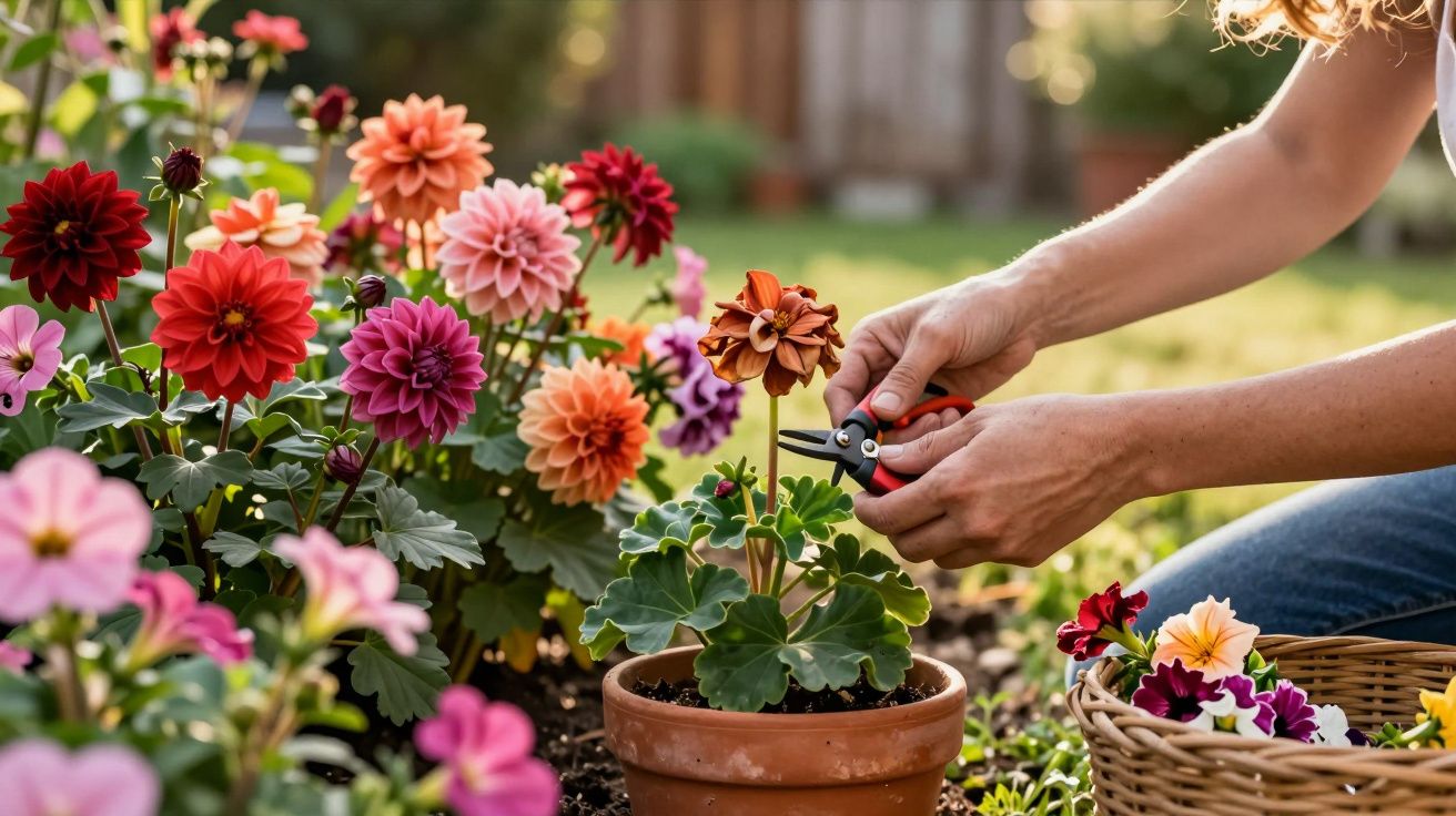 Pessoa a podar flores coloridas num jardim com tesoura, ao lado de cesta com flores cortadas.