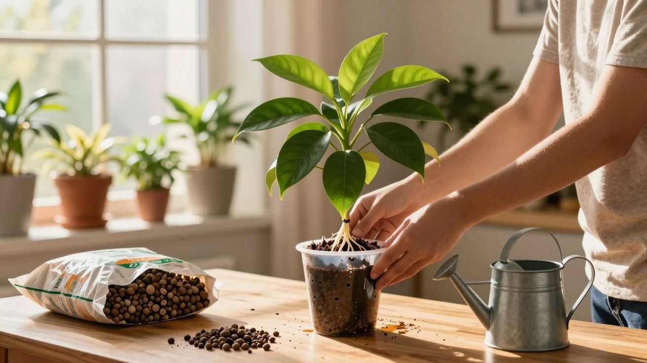 Pessoa a transplantar planta com vasos e regador numa mesa de madeira iluminada por luz natural.