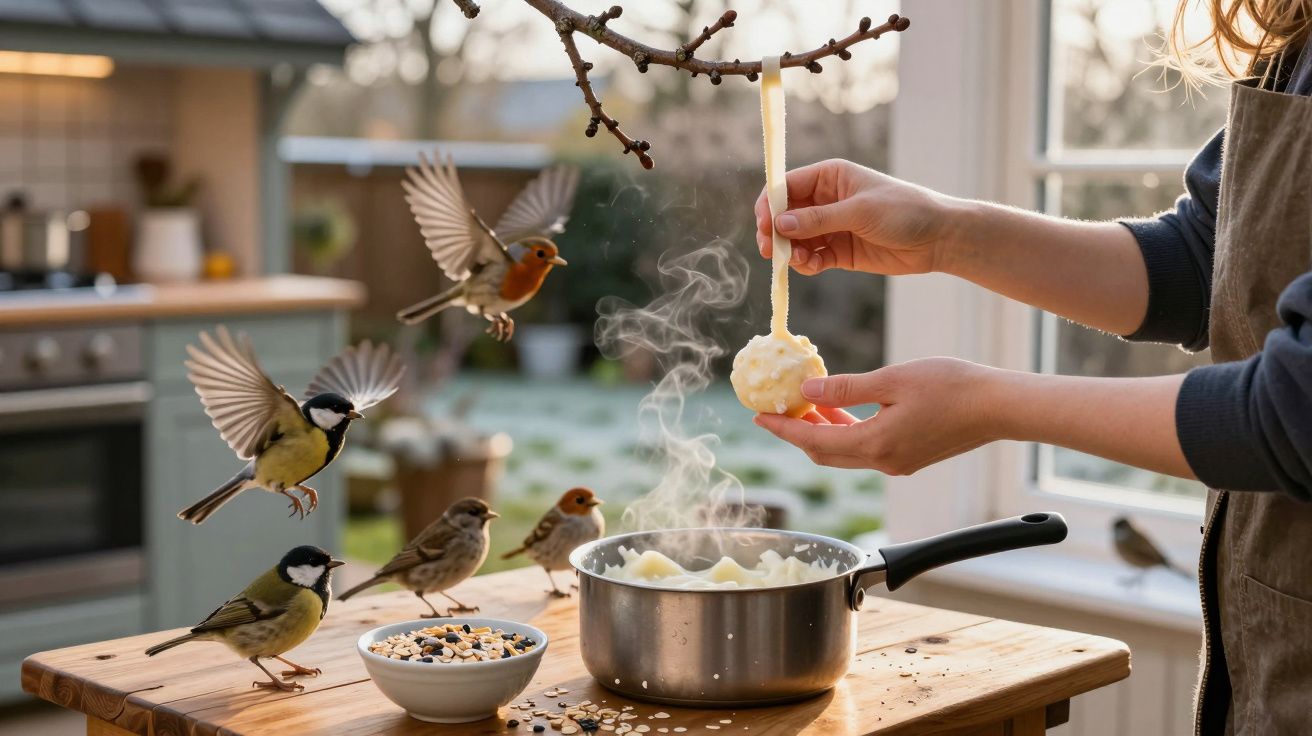 Mãos a preparar alimento fumegante para pássaros, com várias aves pousadas e voando à volta na cozinha ensolarada.