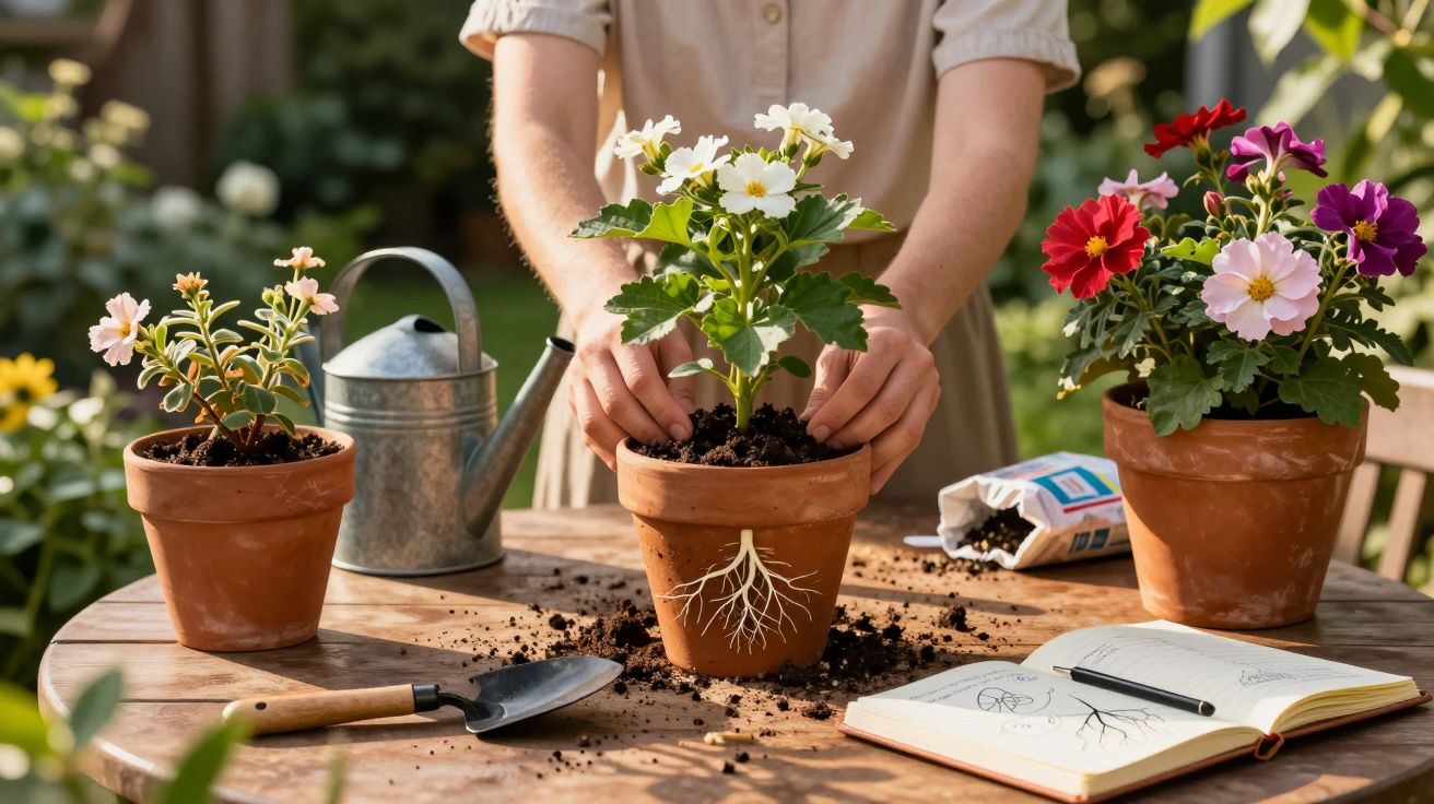 Pessoa a transplantar planta com flores brancas para vaso de barro num jardim, com ferramentas e caderno de anotações.