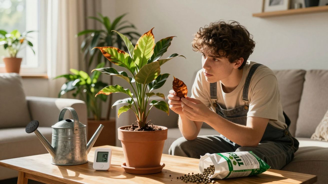 Jovem a examinar folhas secas de planta em vaso numa sala iluminada com regador e termómetro na mesa.