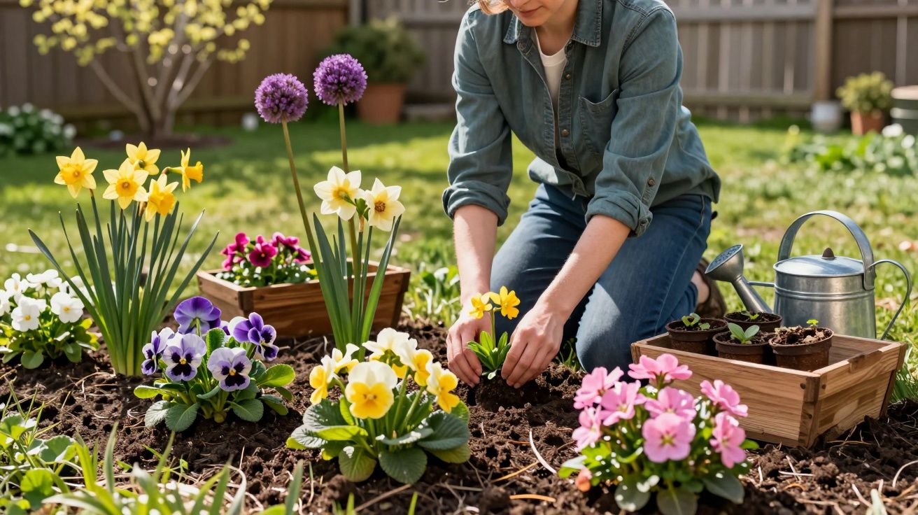 Pessoa a jardinar, a plantar flores coloridas em canteiro, com regador e caixas de madeira ao lado.