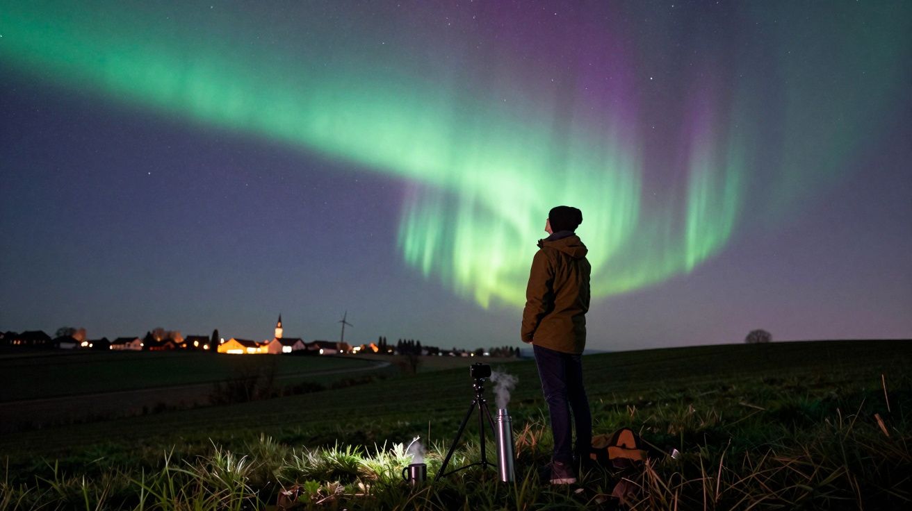 Pessoa observa aurora boreal verde e púrpura no céu noturno sobre campo aberto com vila ao fundo.