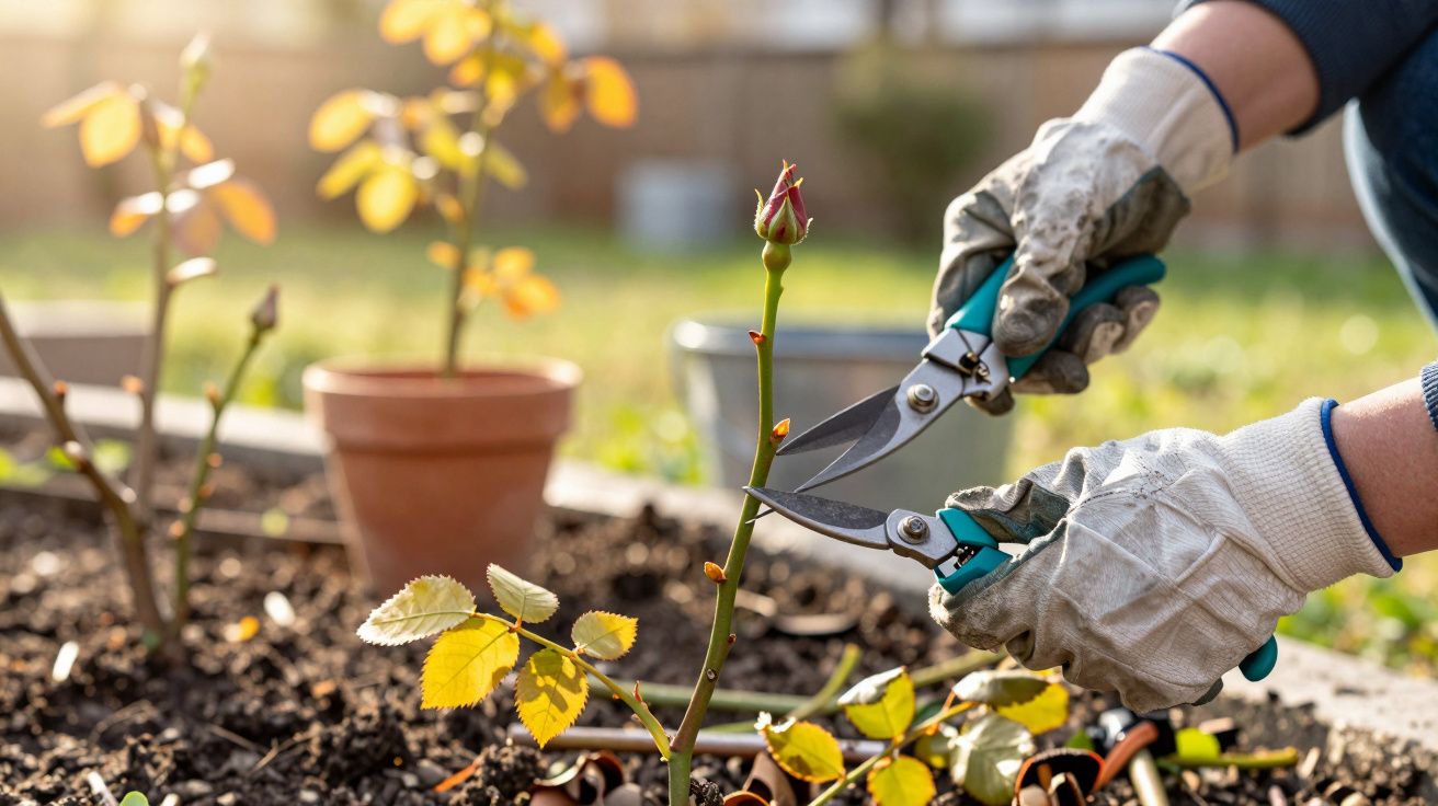 Mãos com luvas podam ramo de rosa jovem num canteiro com terra e folhas amarelas ao sol.