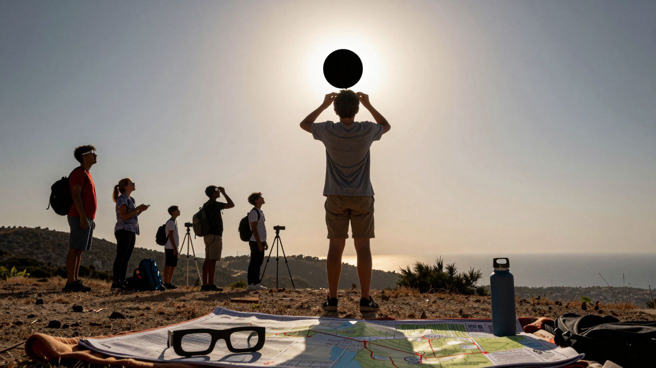 Grupo de pessoas a observar um eclipse solar com tripés e mapas num local montanhoso ao pôr do sol.