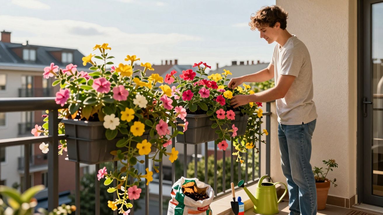 Jovem a cuidar de flores coloridas num varandim de apartamento sob luz natural do dia.