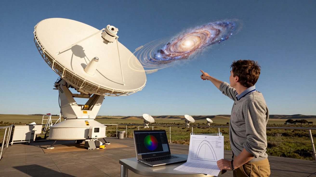 Homem aponta para antena parabólica grande que projeta imagem de galáxia num céu limpo.