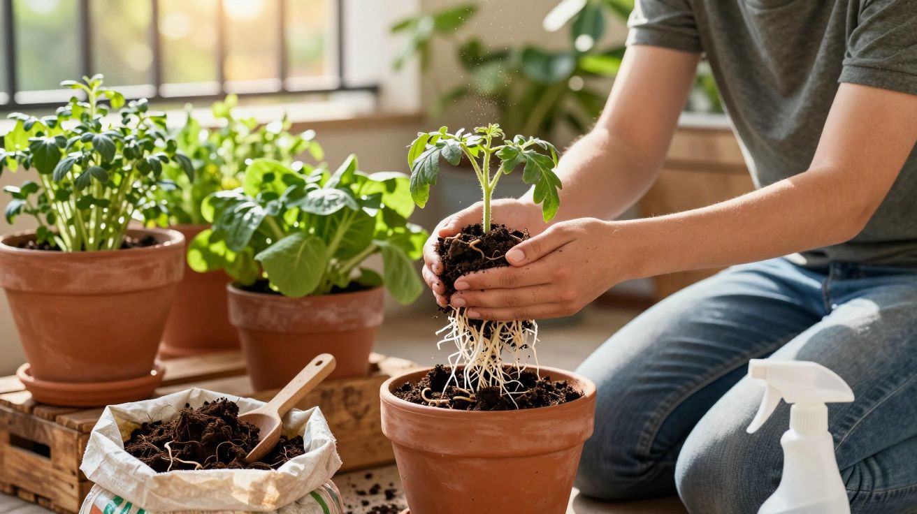 Pessoa a transplantar uma planta com raízes para um vaso de barro, rodeada de outras plantas e materiais de jardinagem.