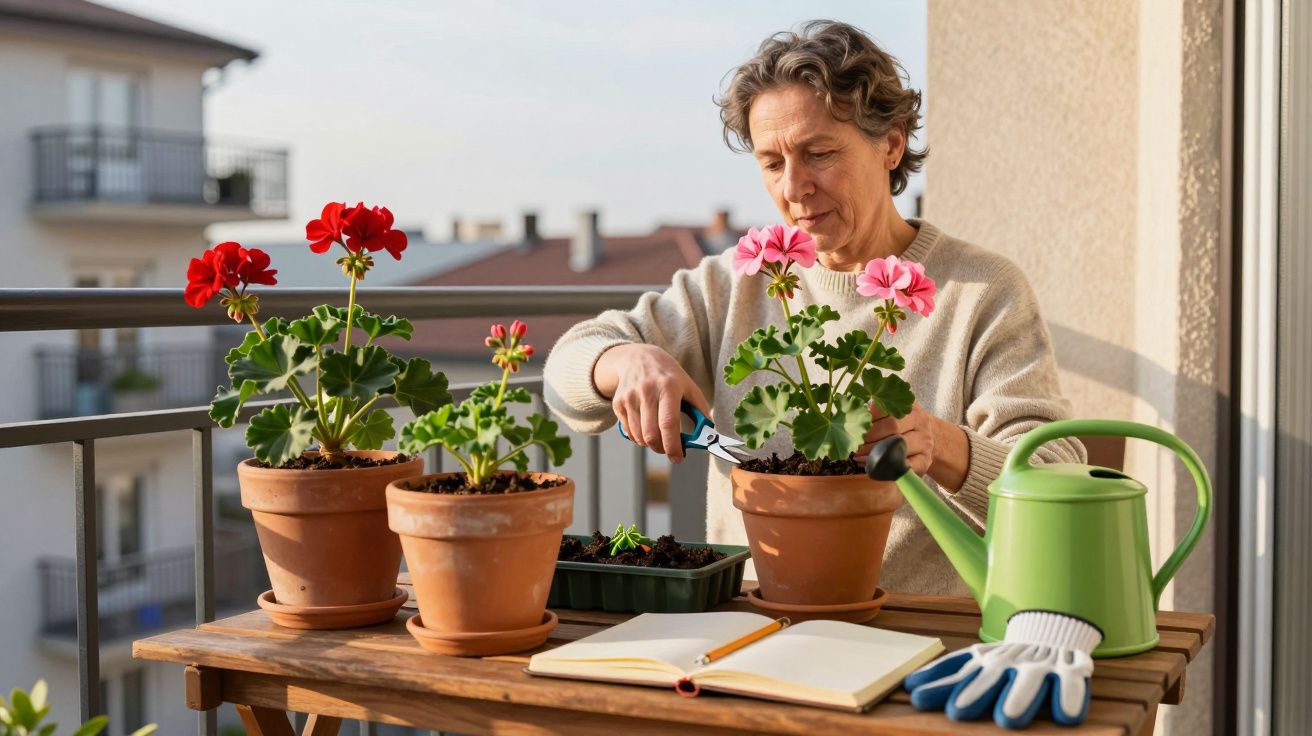 Pessoa a cuidar de vasos com flores num terraço, com regador, luvas e caderno sobre a mesa.