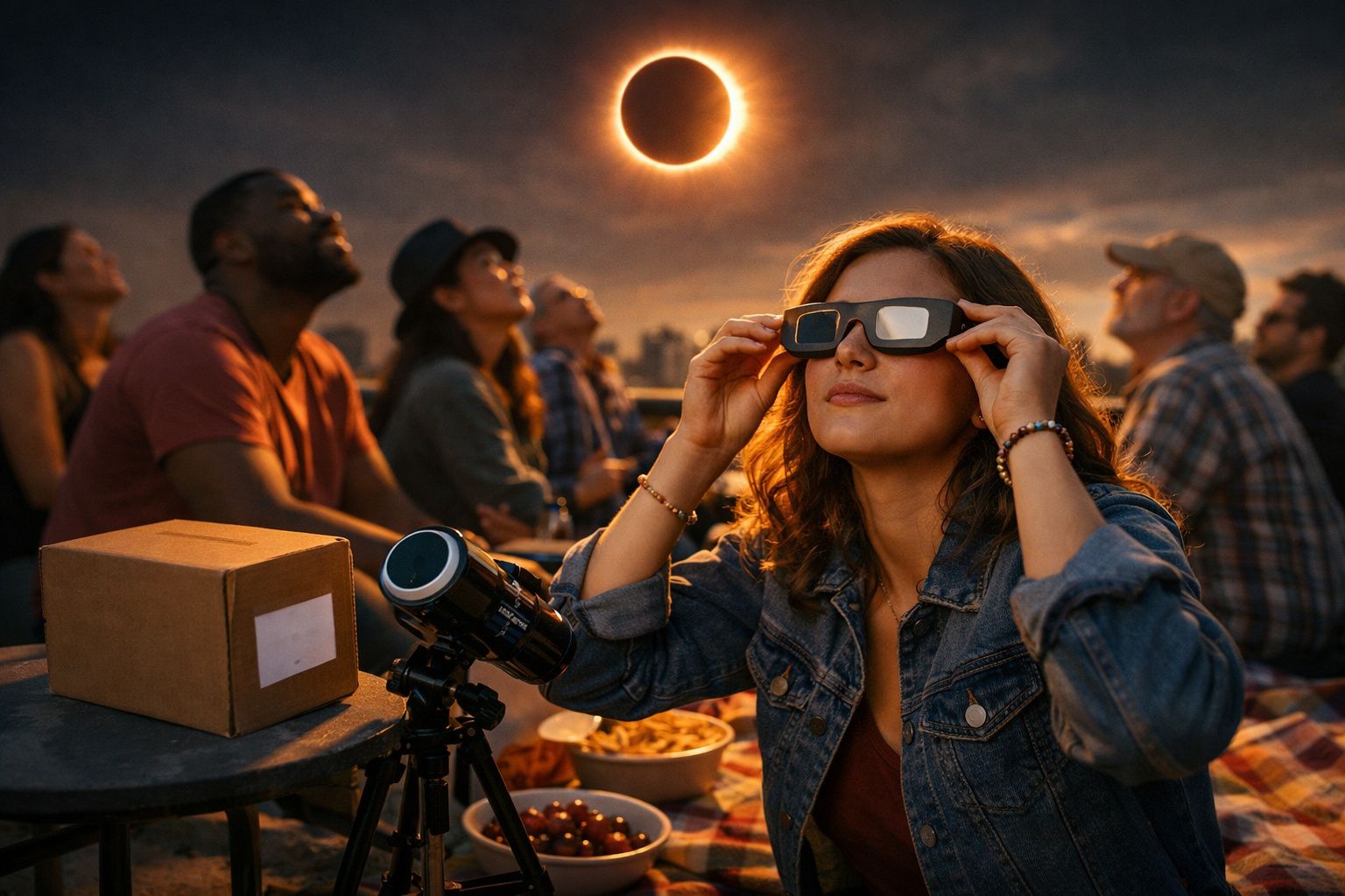 Grupo de pessoas a observar eclipse solar com óculos especiais ao entardecer numa cidade.