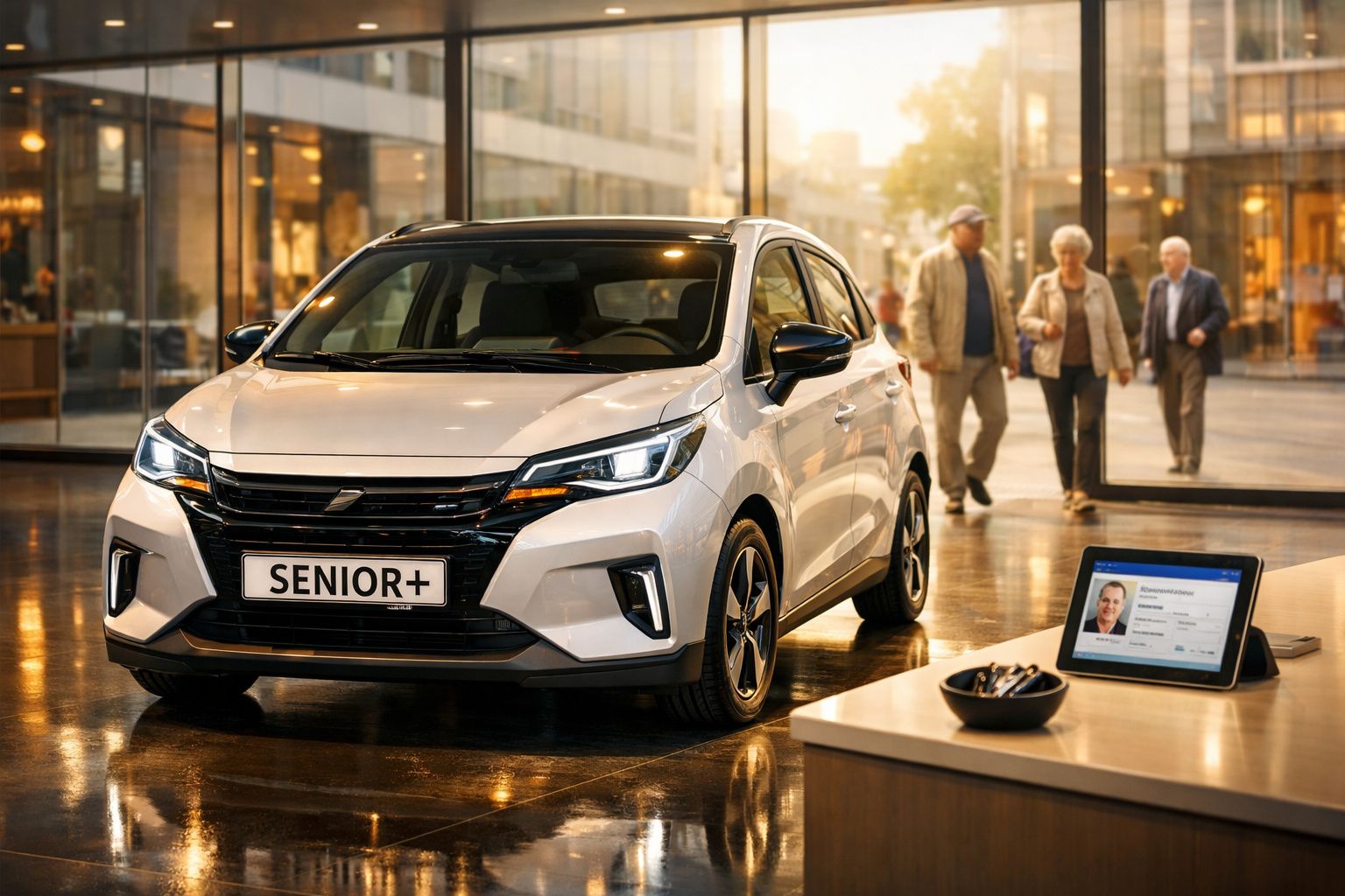 Carro branco com matrícula "SENIOR+" em exposição, com três idosos a entrar numa loja moderna ao fundo.