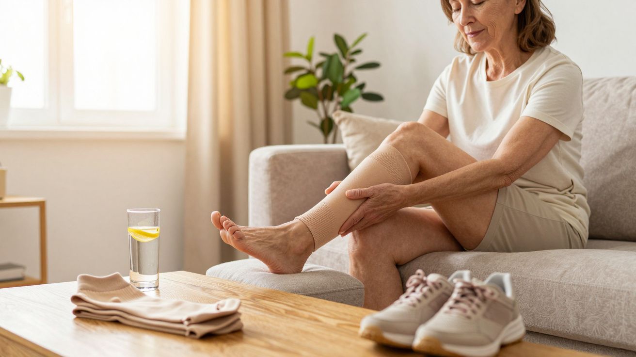 Mulher sentada no sofá a vestir meia de compressão numa perna, com ténis e copo de água numa mesa à frente.