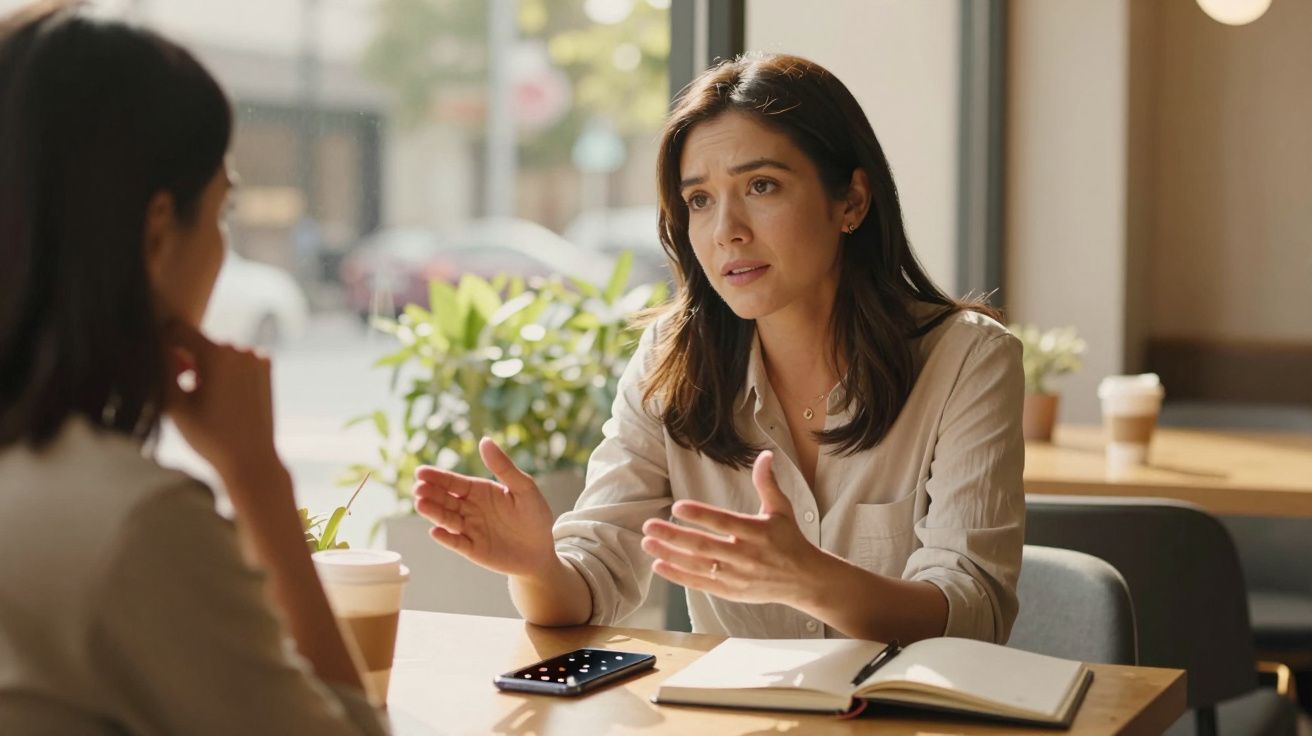 Duas mulheres conversam numa mesa de café, uma delas gesticulando enquanto fala de forma expressiva.