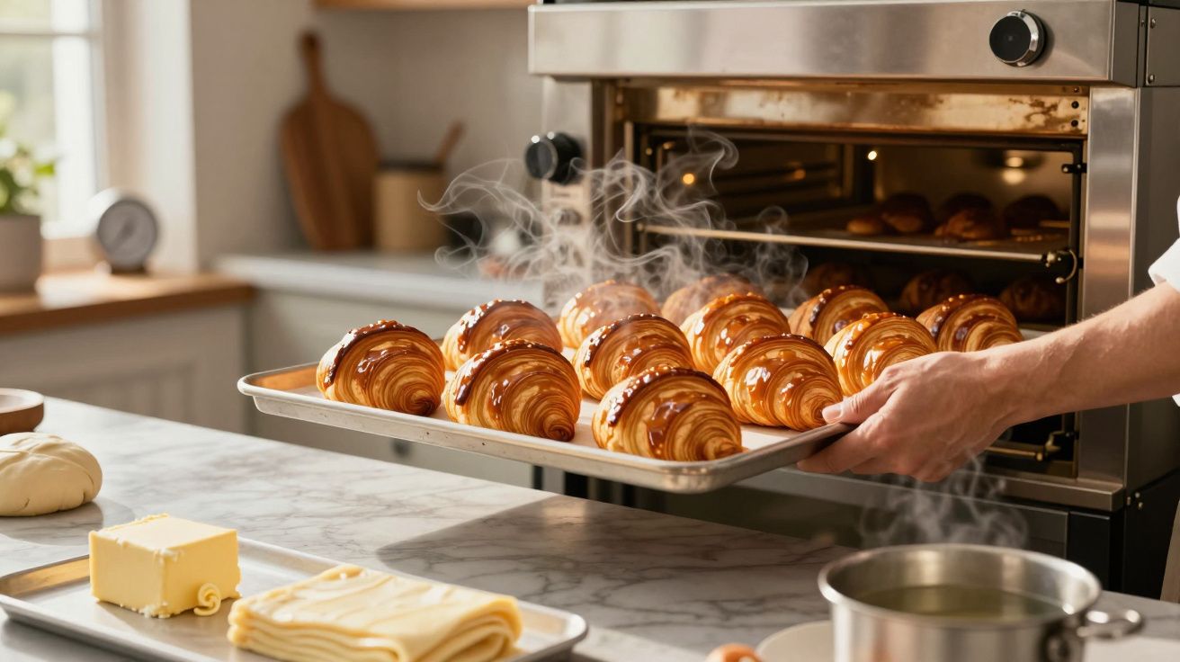 Tabuleiro de croissants acabados de sair do forno com vapor numa cozinha moderna.