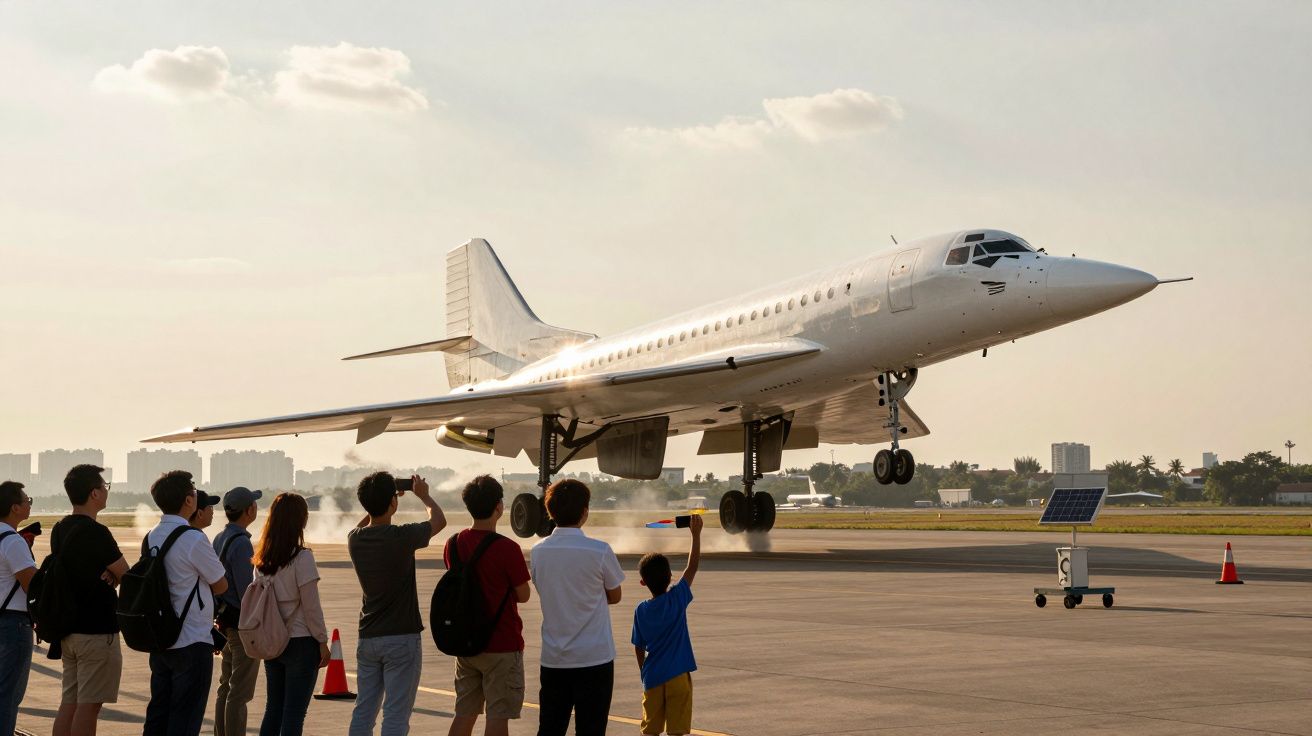 Avião branco a aterrar com grupo de pessoas a observar e fotografar num aeroporto ao fim da tarde.