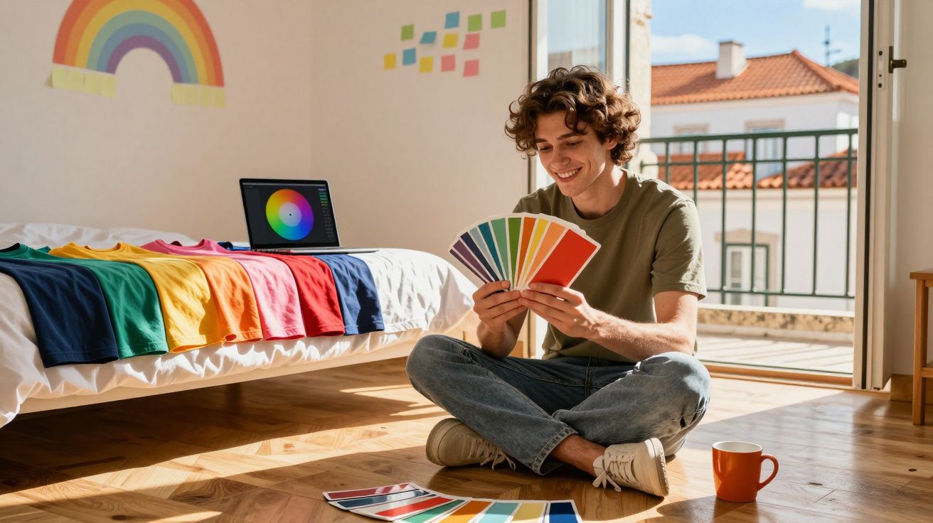 Jovem sentado no chão de quarto ensolarado, a analisar amostras de cores com t-shirts coloridas na cama.