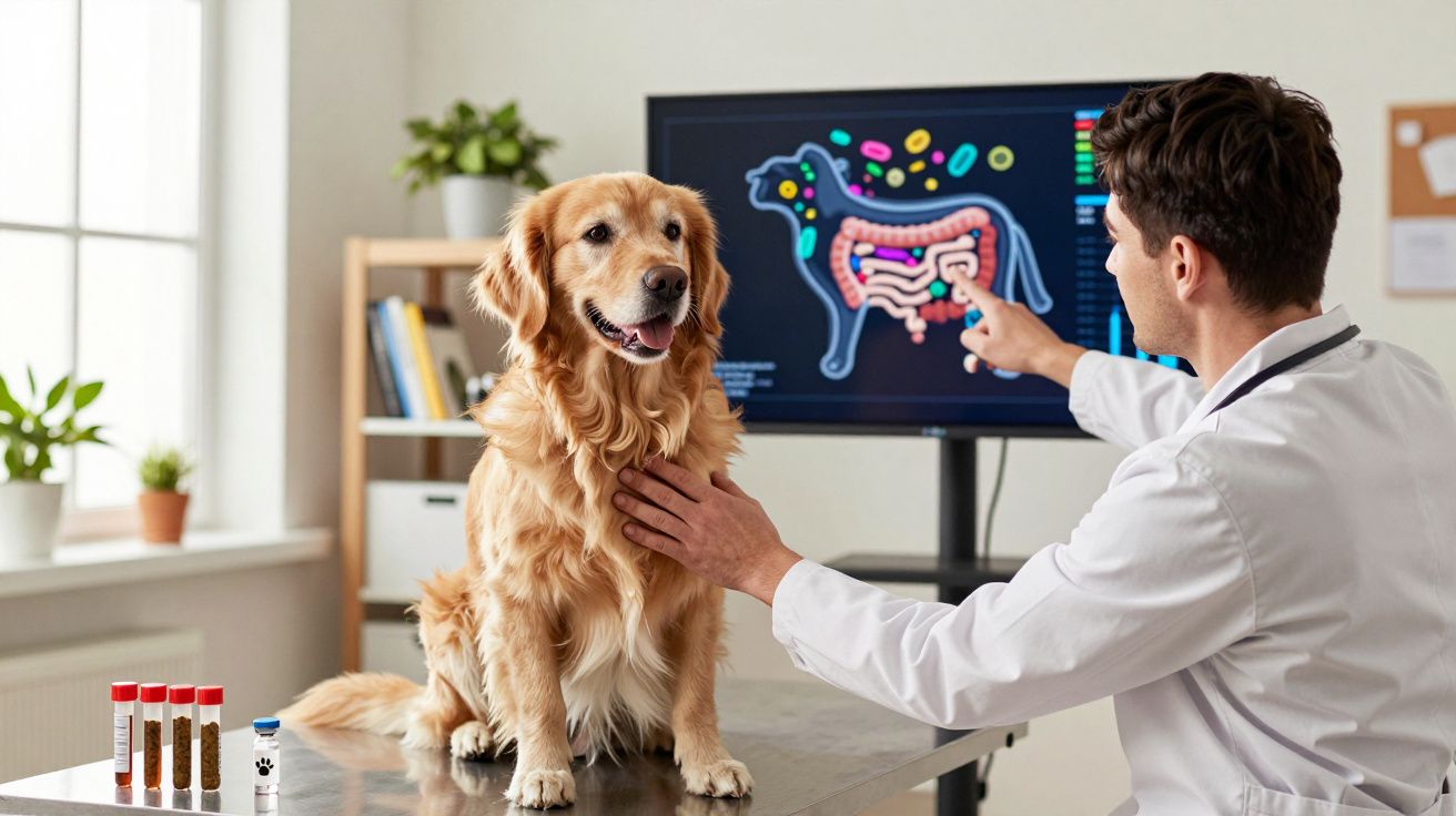 Veterinário examina cão dourado enquanto mostra imagem digital do sistema digestivo canino numa clínica.