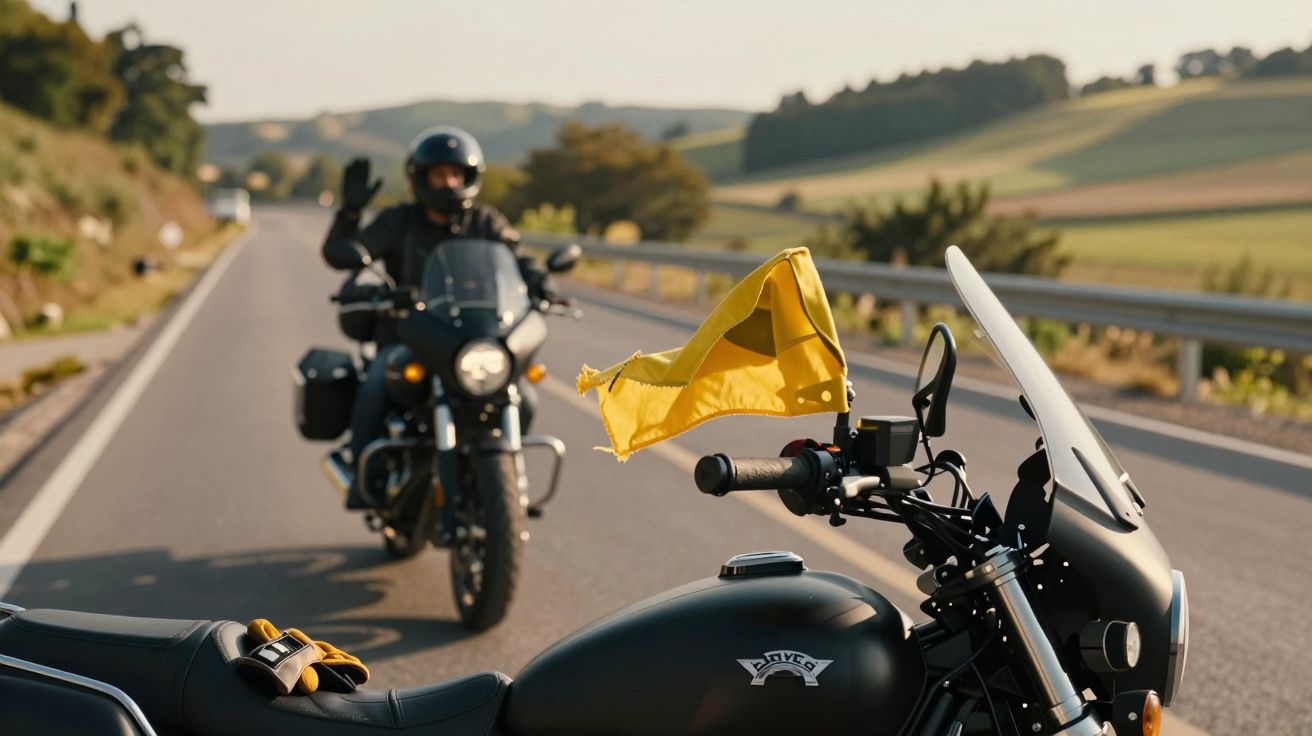 Duas motas numa estrada rural com uma bandeira amarela visível na mota mais próxima.