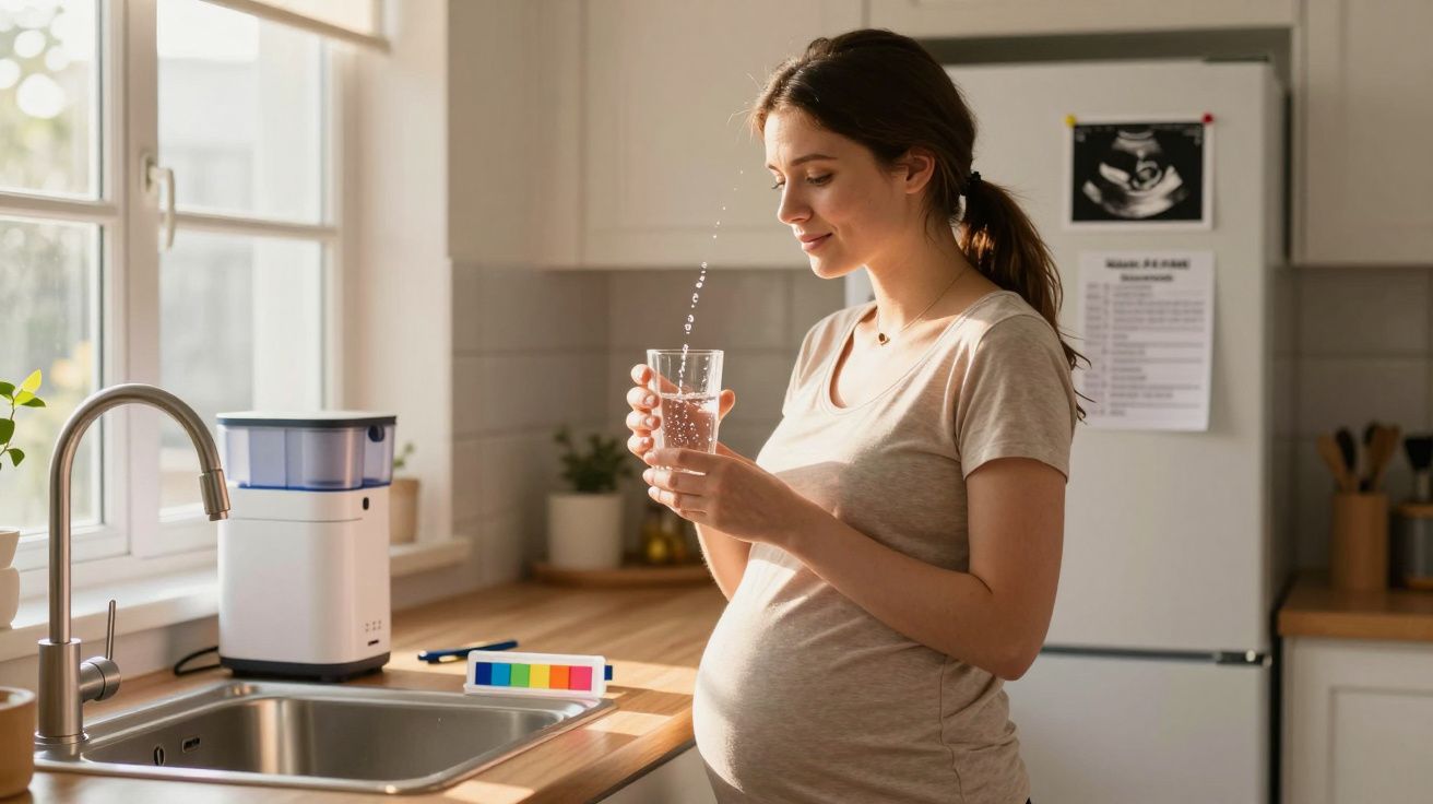 Mulher grávida a beber um copo de água na cozinha, sorrindo e segurando o copo com as duas mãos.