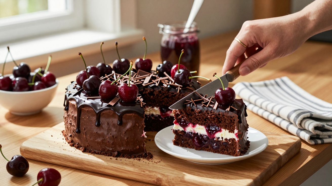 Bolo de chocolate com cobertura, cerejas frescas e recheio cremoso, cortado em fatias numa mesa de madeira.