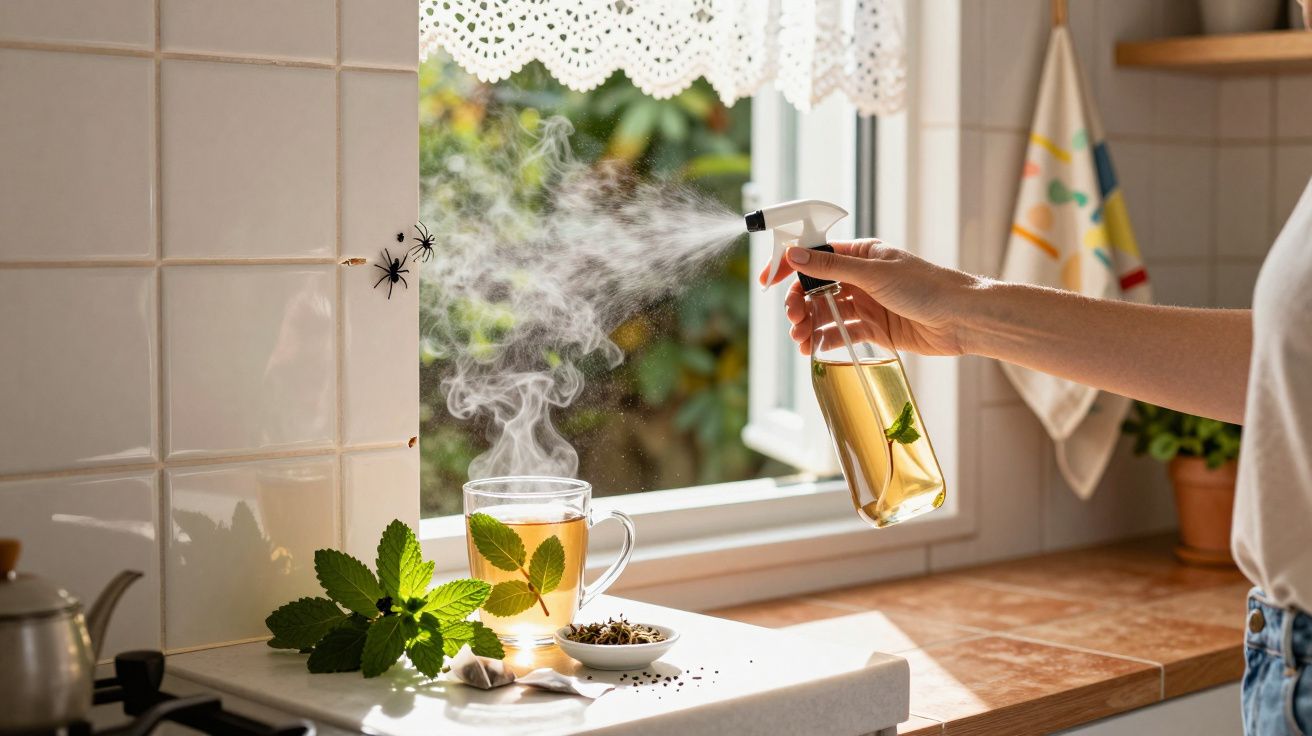 Pessoa a borrifar inseticida em aranha numa cozinha com chá de ervas e plantas junto à janela aberta.