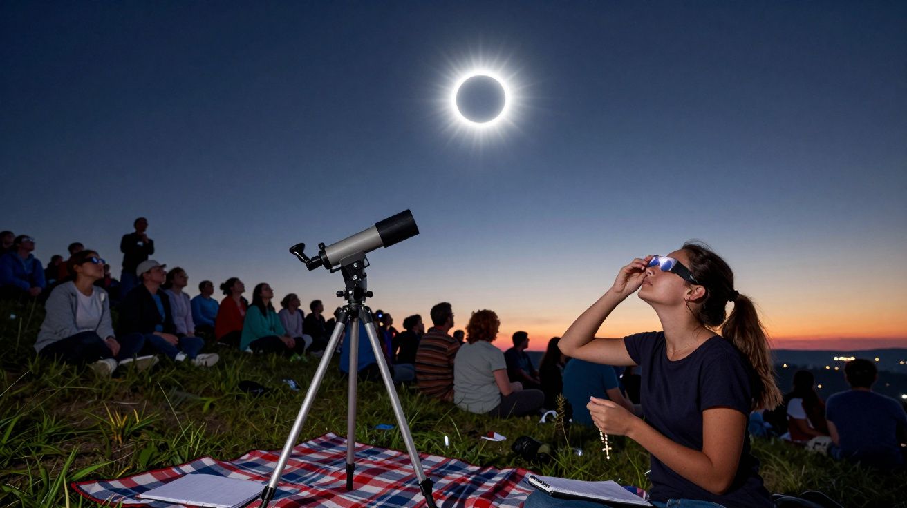 Grupo de pessoas a observar eclipse solar com telescópio e óculos especiais ao pôr do sol no campo.
