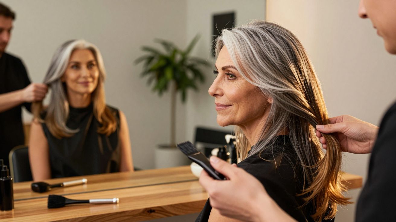 Mulher madura com cabelo grisalho sentada em cabeleireiro a ser penteada diante de espelho grande.