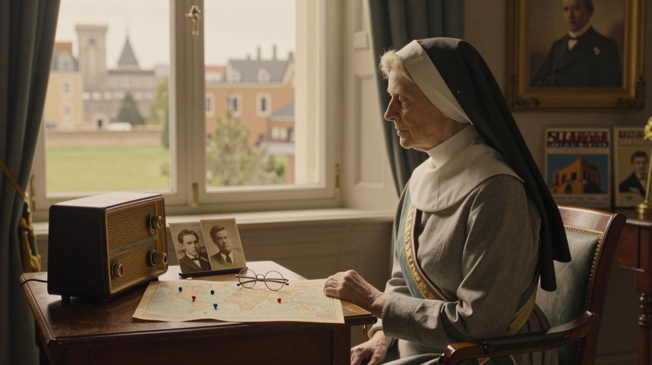 Freira idosa sentada à mesa com mapa, rádio antigo e fotografias, olhando pela janela.