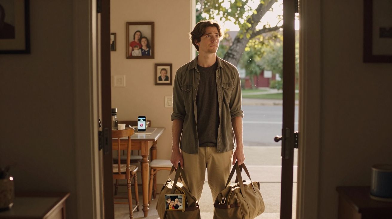 Homem jovem de pé na entrada de casa a segurar duas malas de mão, olhando para o exterior iluminado.