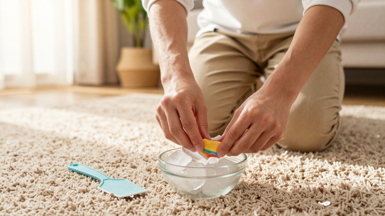 Pessoa usando esponja colorida e cubos de gelo para limpar tapete bege em casa.