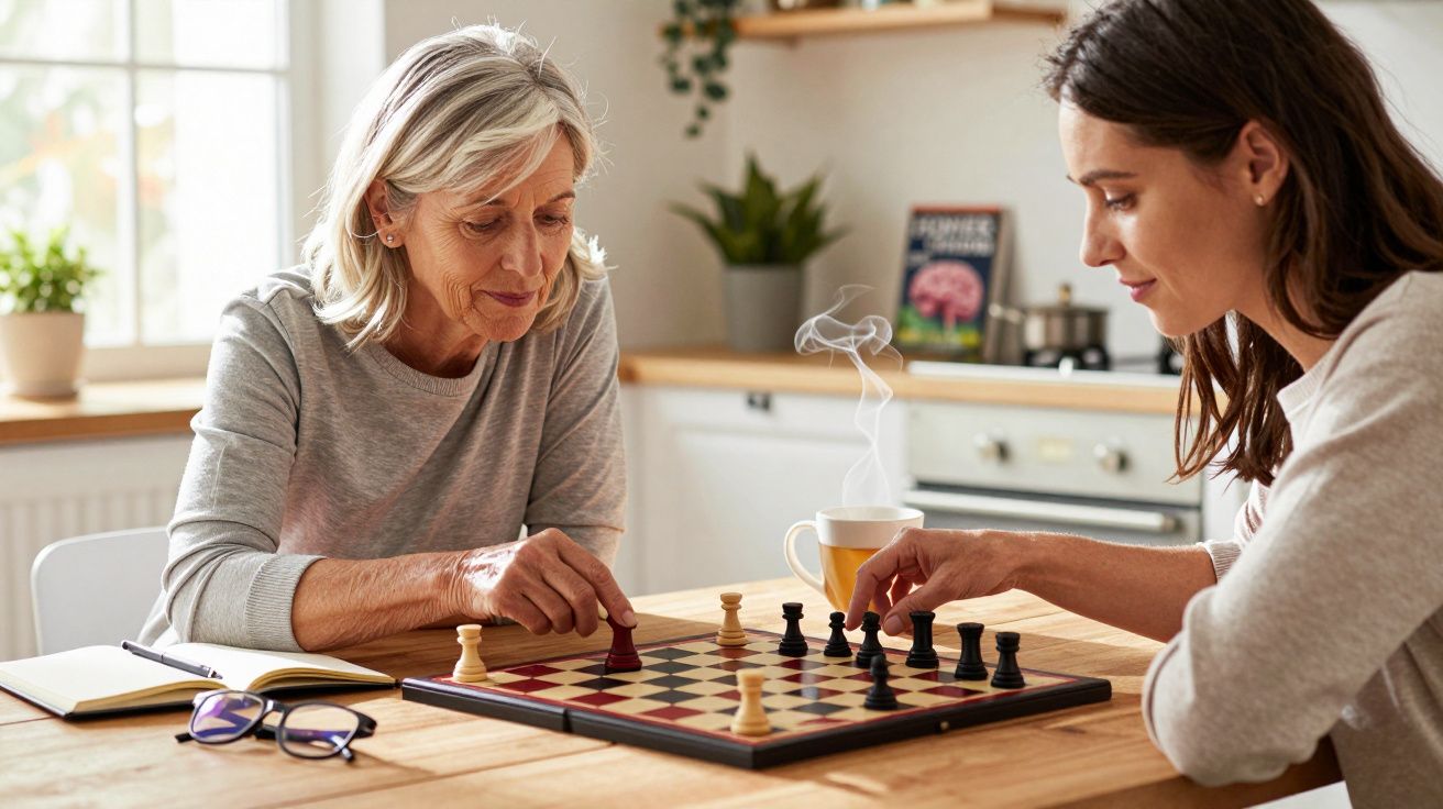 Duas mulheres a jogar xadrez sentadas à mesa numa cozinha iluminada durante o dia.