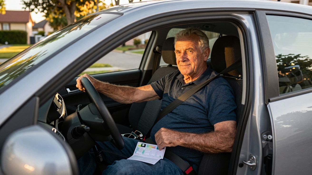 Homem idoso com cinto de segurança sentado ao volante de carro, segurando documento no interior do veículo.