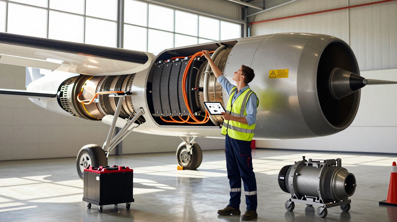 Técnico de manutenção inspeciona motor de avião com tablet numa hangar bem iluminada.