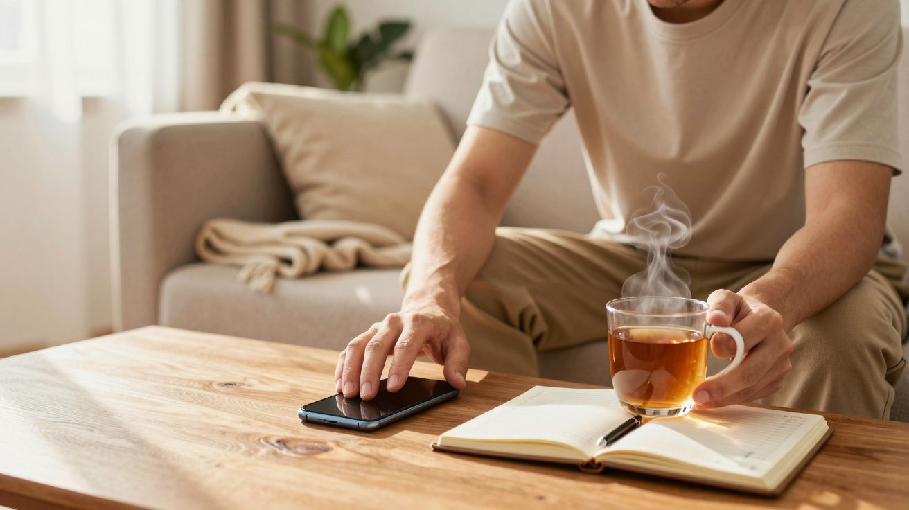 Pessoa sentada a segurar chá quente numa chávena, com celular e agenda sobre mesa de madeira clara.