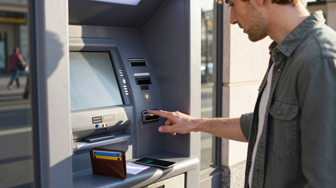 Homem a usar um multibanco na rua, com carteira e telemóvel pousados na máquina.
