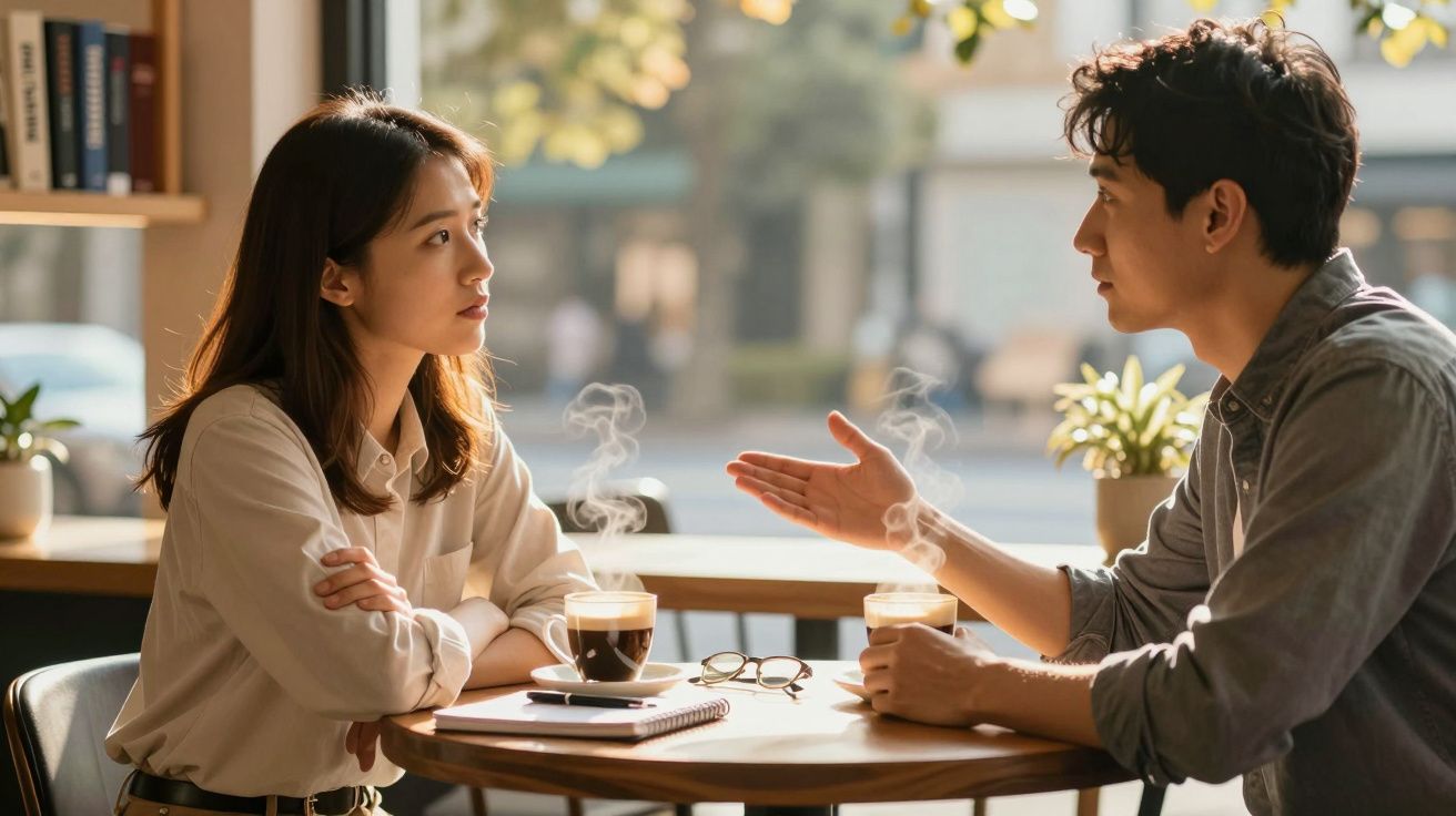 Homem e mulher a conversar numa mesa de café com duas bebidas quentes e cadernos à frente.