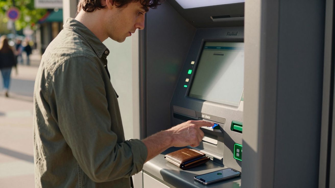 Homem a usar um multibanco na rua, com carteira e telemóvel em cima do dispositivo.
