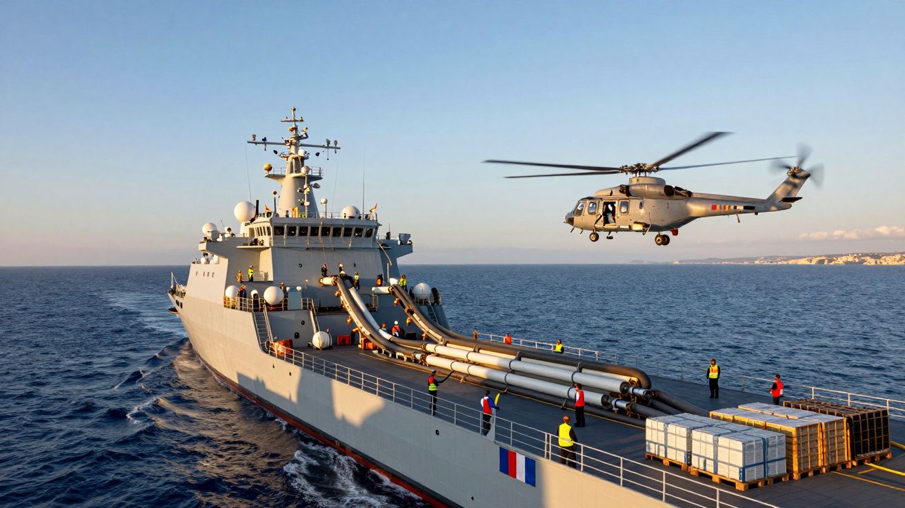 Navio militar com tripulantes a bordo e helicóptero em voo sobre o mar numa operação naval.