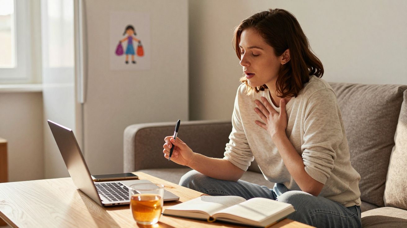 Mulher jovem sentada no sofá com livro aberto, computador portátil e chá, a tocar o peito em desconforto.