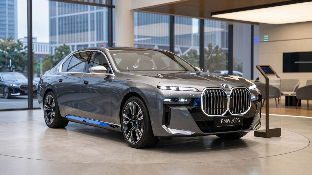Carro desportivo BMW 2026 cinzento exposto numa sala moderna com janelas grandes e chão claro.