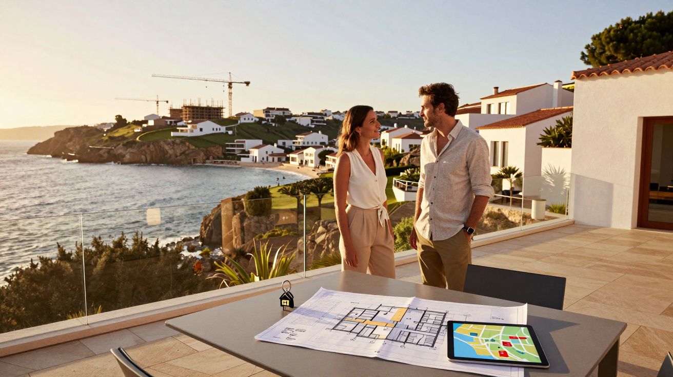Casal numa varanda com vista para o mar, plantas e planta arquitetónica sobre mesa ao pôr do sol.